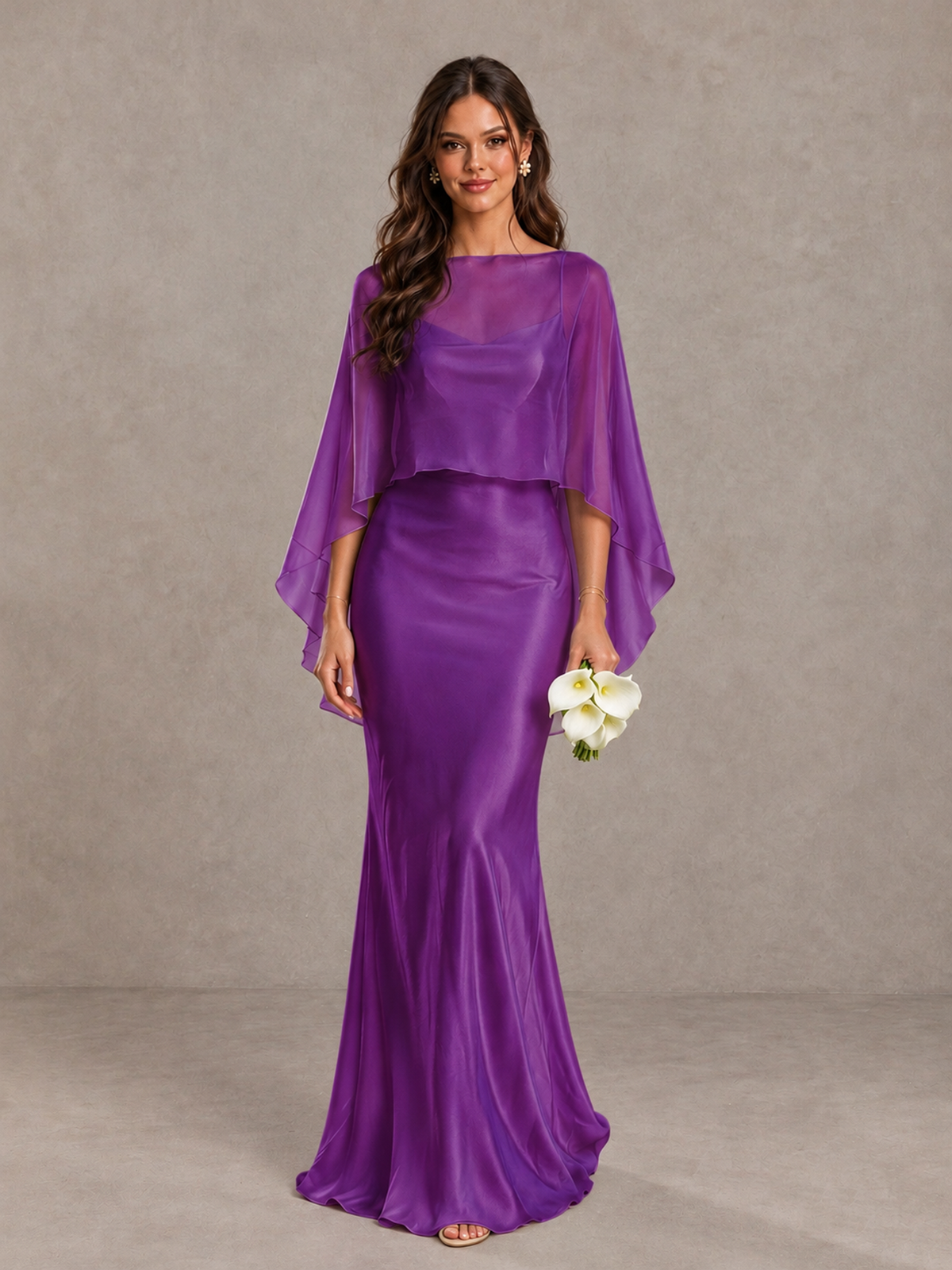 BOLODOO Purple Satin Mermaid Bridesmaid Dress with Chiffon Cape - Purple - Purple_1
