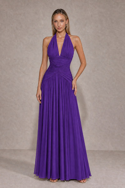 BOLODOO Purple Chiffon Halter Deep V-Neck Ruched A-Line Backless Maxi Dress with Train-BD0167 - Purple - Purple_1