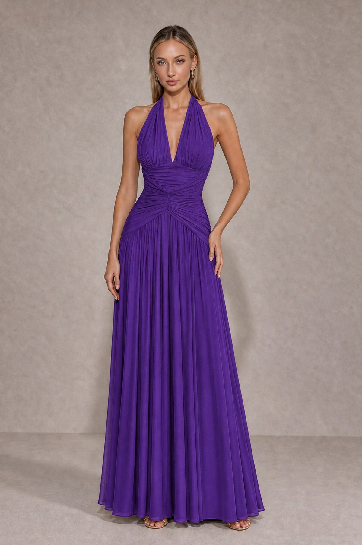 BOLODOO Purple Chiffon Halter Deep V-Neck Ruched A-Line Backless Maxi Dress with Train-BD0167 - Purple - Purple_1