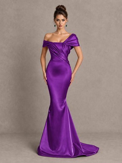 BOLODOO Purple Off-Shoulder Satin Mermaid Prom Dress - Purple - Purple_1