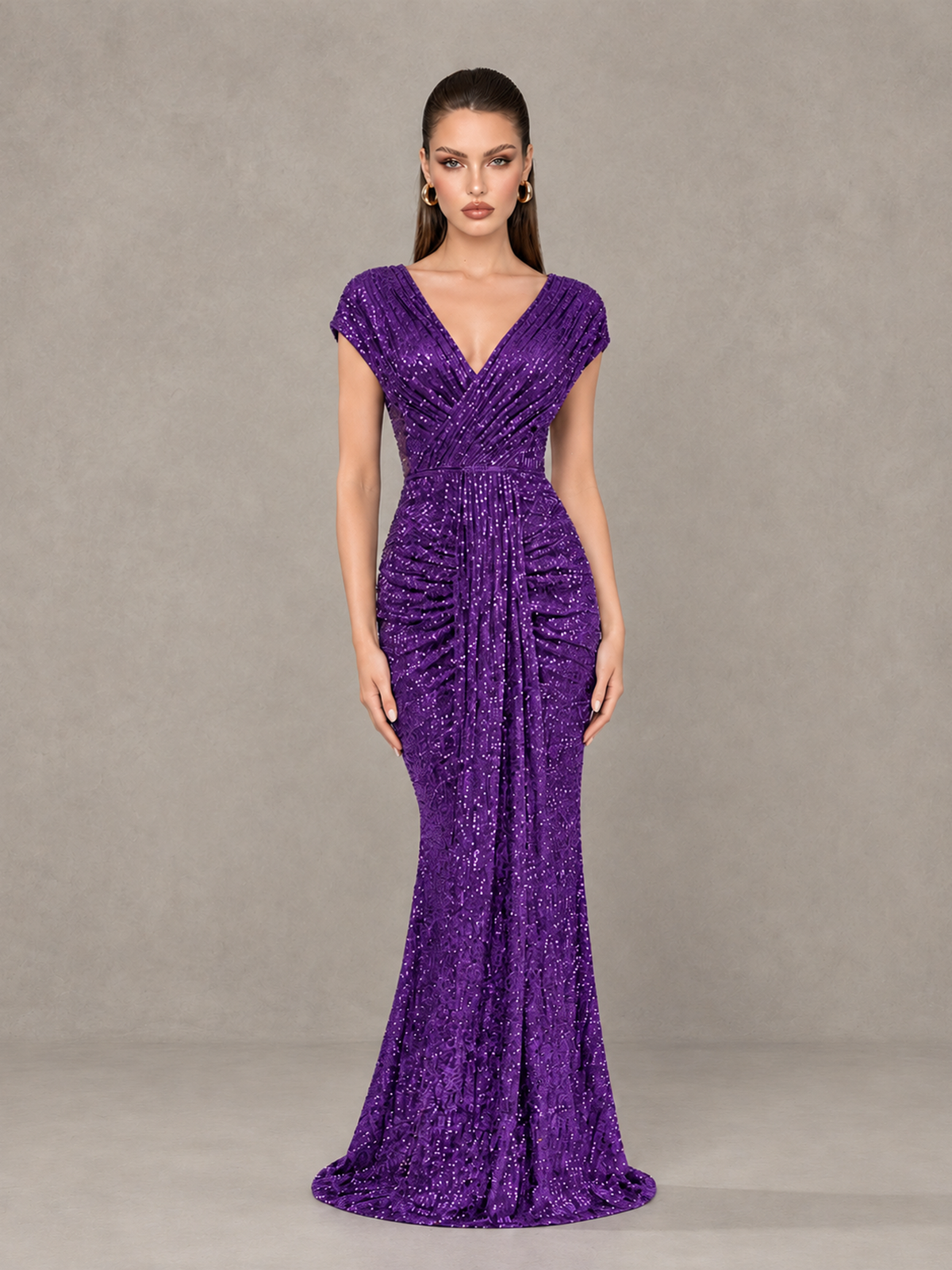 BOLODOO Purple Glitter V-Neck Cap Sleeve Ruched Mermaid Evening Gown - Purple - Purple_1