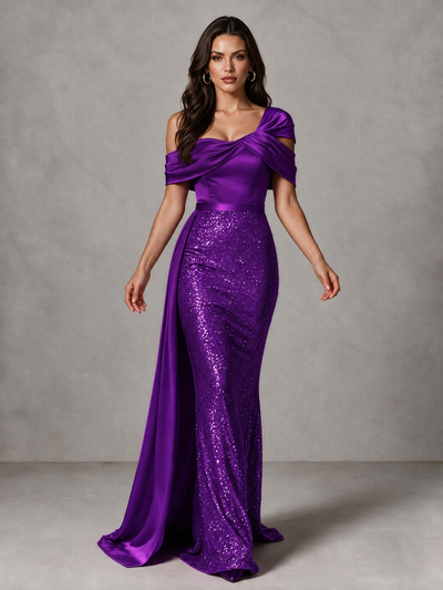 BOLODOO Purple Sequin Mermaid Evening Dress with Off-Shoulder Satin Drape and Sweep Train - Purple - Purple_1