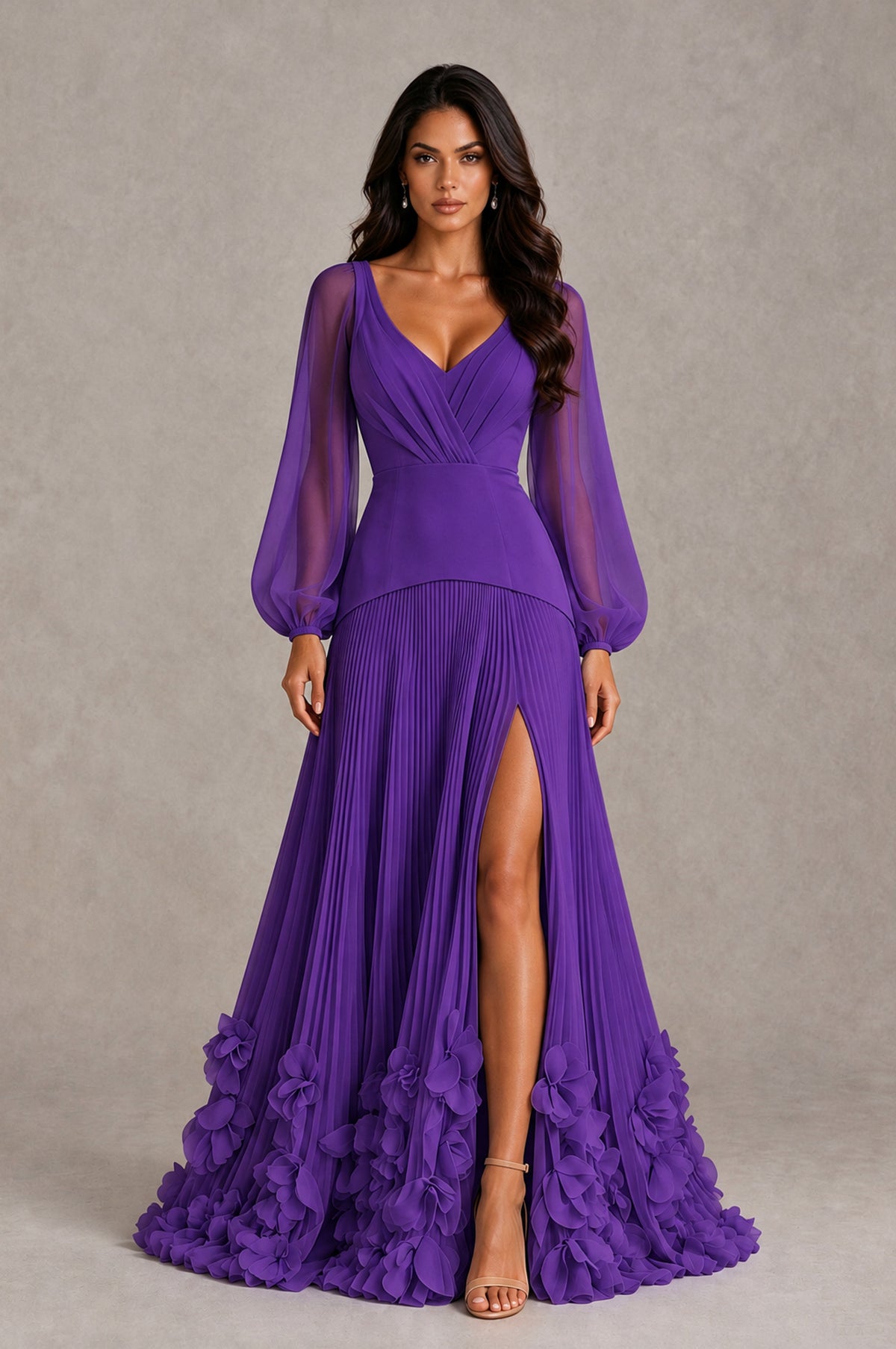 BOLODOO Purple V-Neck Long Sleeve Pleated Floral Hem Evening Dress - Purple - Purple_1