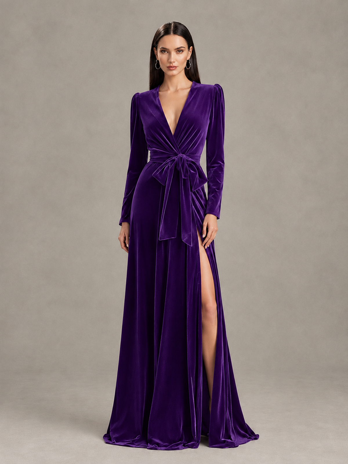 BOLODOO Purple Long Sleeve Velvet-Look Evening Dress with High Slit - Purple - Purple_1