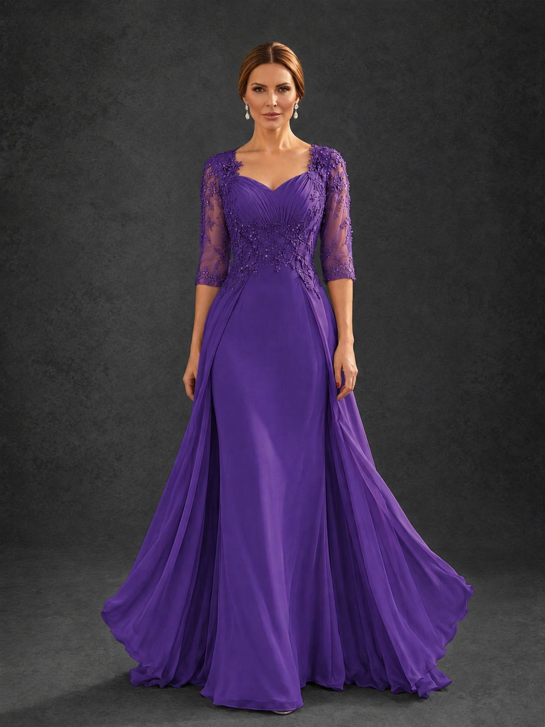 BOLODOO Purple Sweetheart Neck 3/4 Sleeve Floral Lace Illusion Bodice Chiffon A-Line Gown - Purple