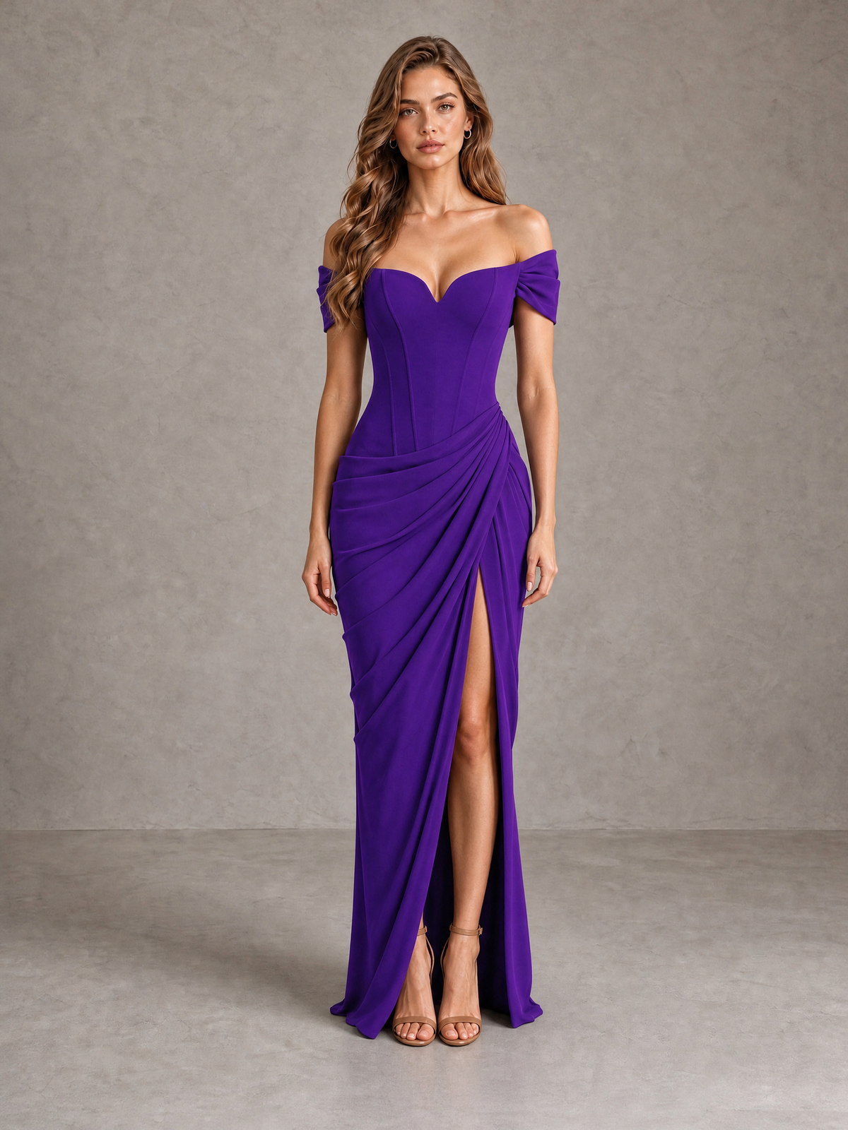 BOLODOO Purple Off-Shoulder Ruched Corset Wedding Guest Dress with Slit - Purple - Purple_1