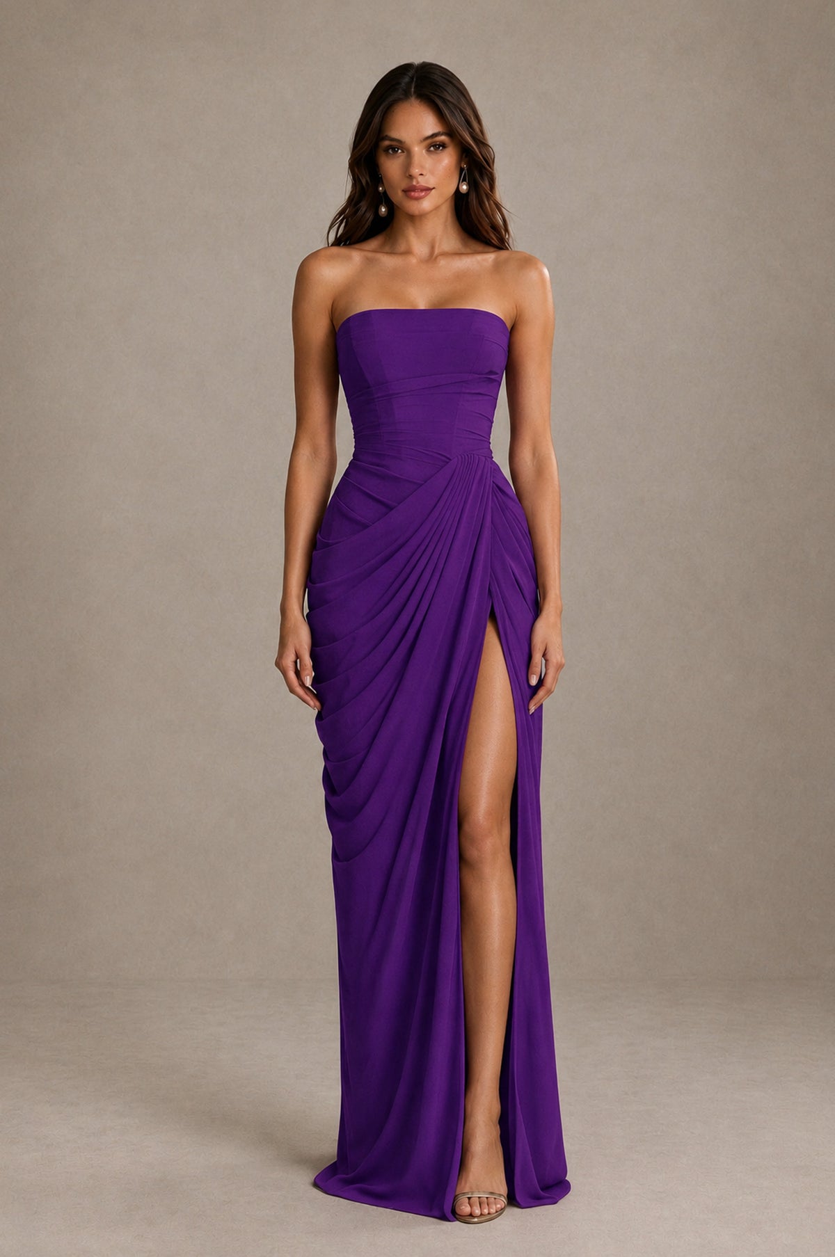 BOLODOO Strapless Draped Maxi Dress - Purple Backless Evening Gown with High Slit - Purple - Purple_1