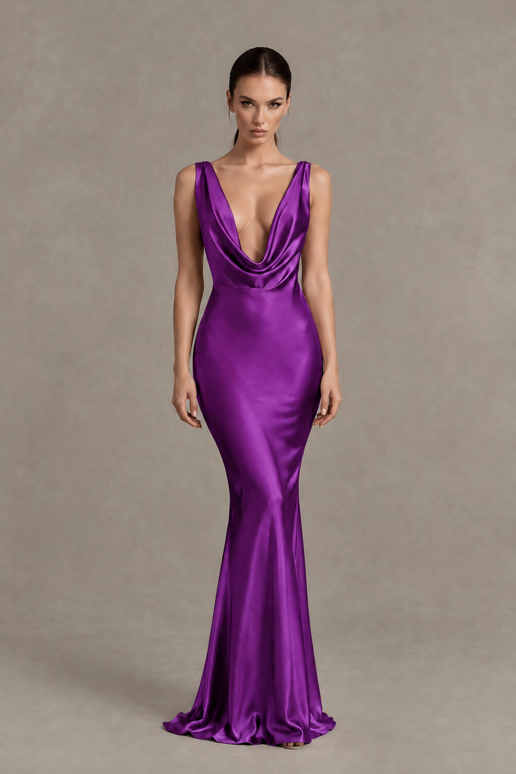 BOLODOO Purple Cowl Neck Backless Satin Mermaid Evening Dress - Purple - Purple_1