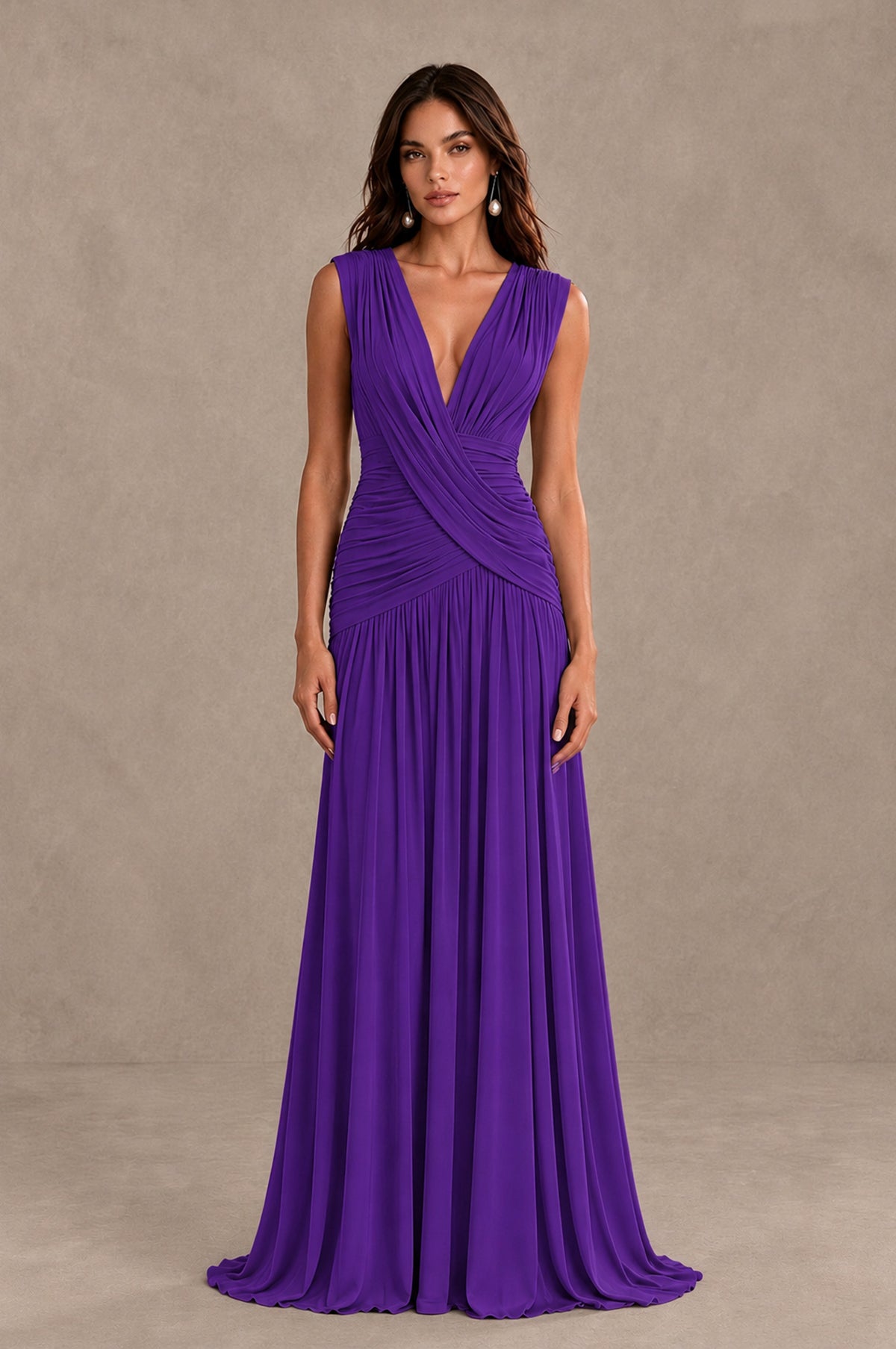 BOLODOO Purple V-Neck Ruched Wedding Guest Dress - Purple - Purple_1