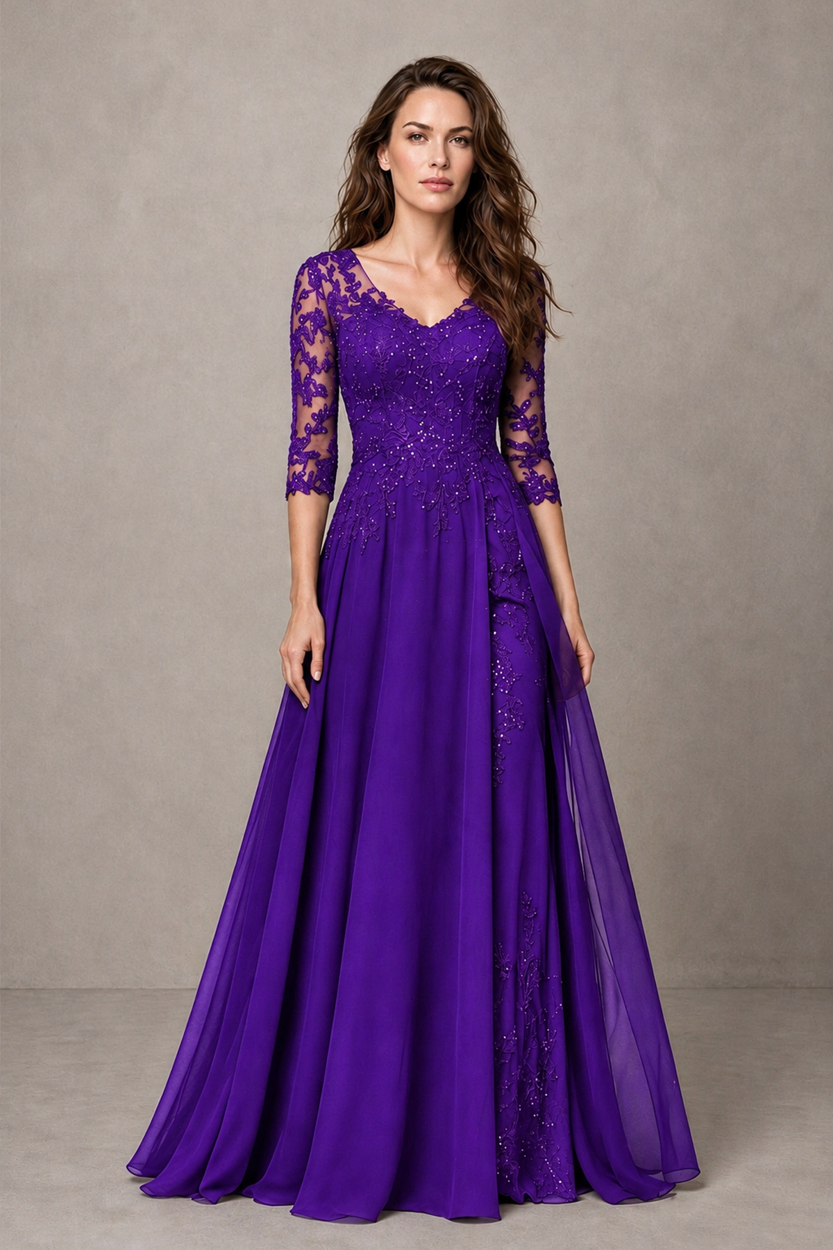 BOLODOO Midnight Purple Beaded Lace Appliqué Chiffon A-Line Gown | Mother of the Bride & Formal Evening Dress - Purple - Purple_1