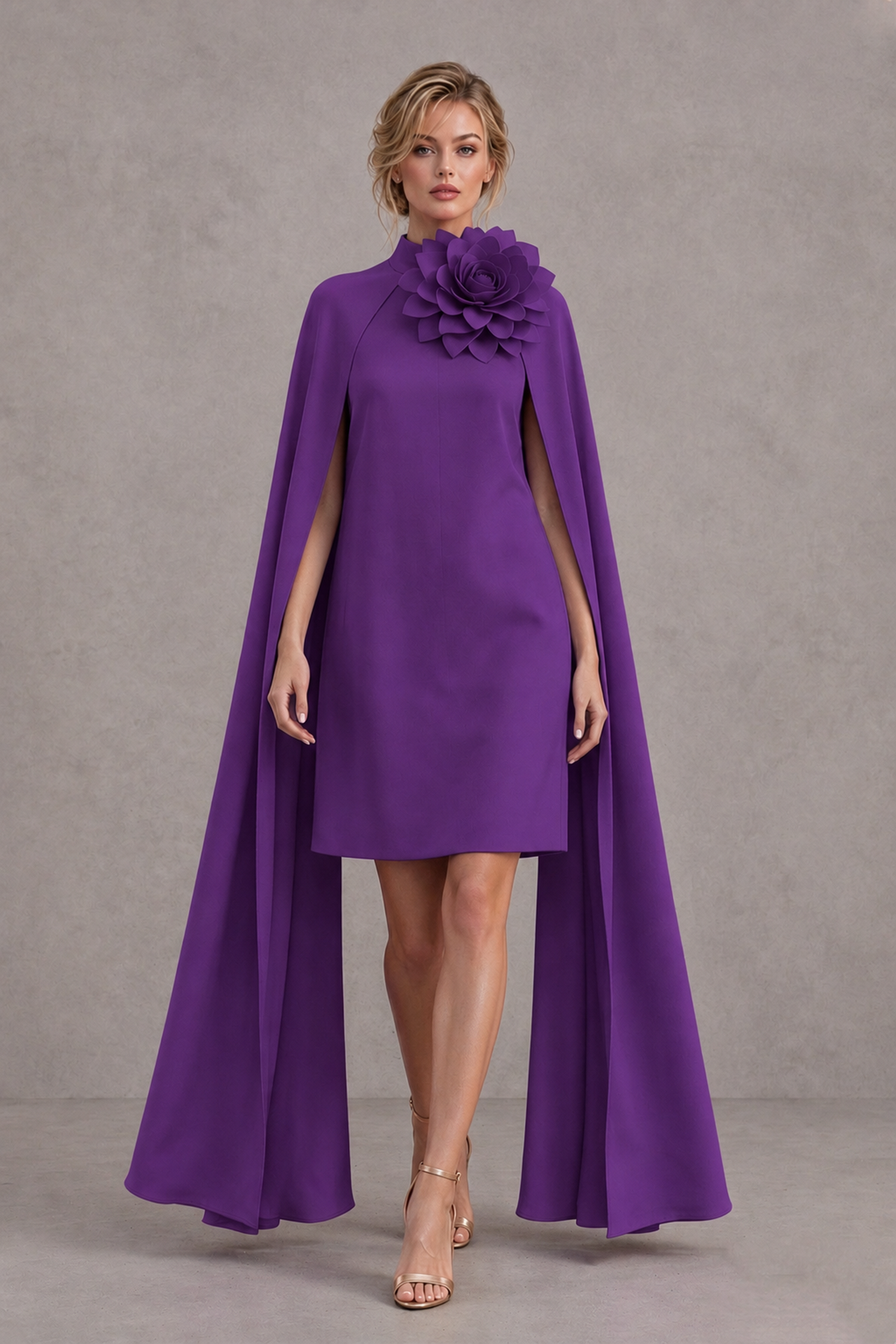 BOLODOO Purple High Neck Floral Cape Mini Cocktail Dress - Purple - Purple_1