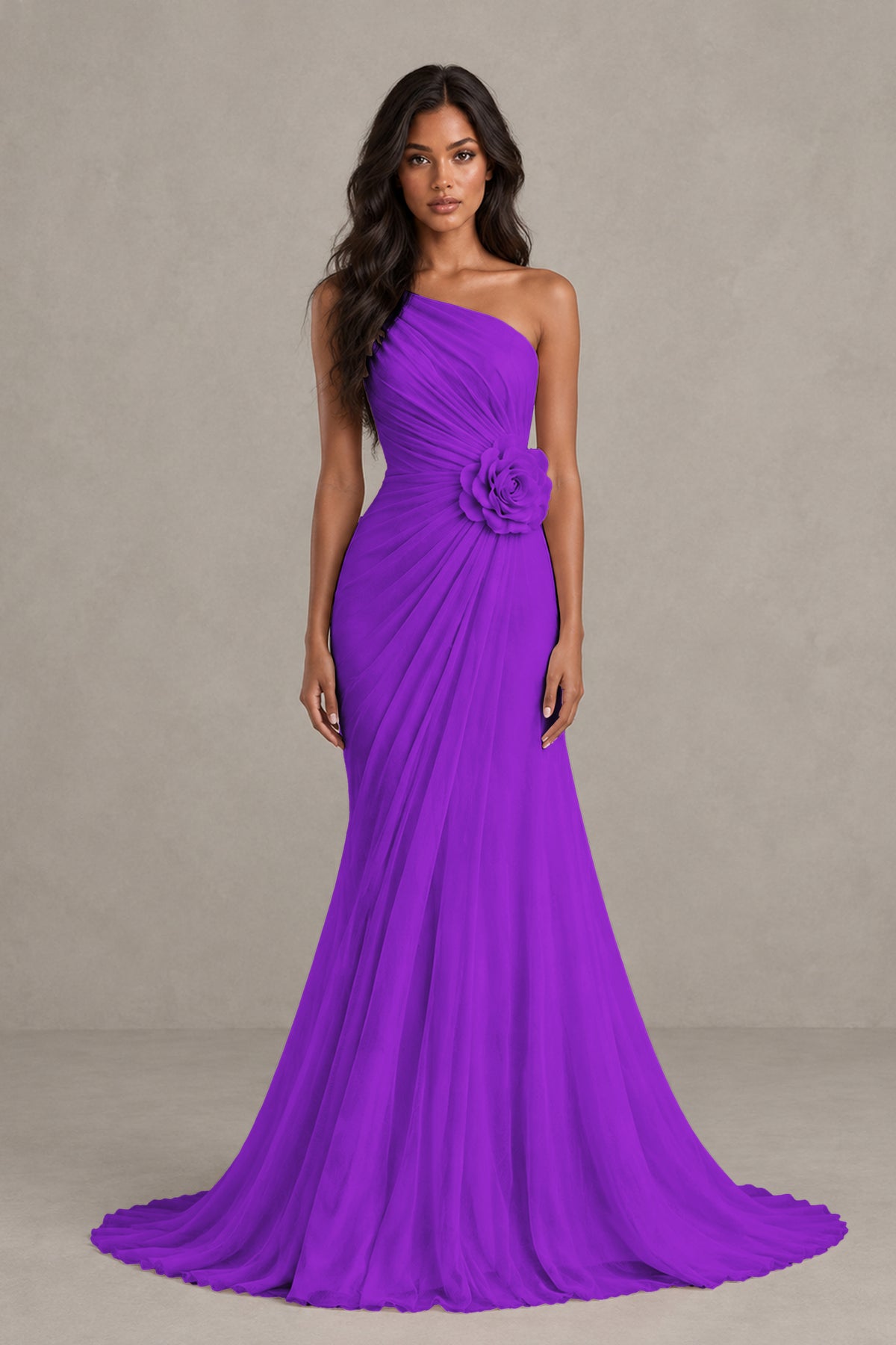 BOLODOO Purple One-Shoulder Floral Ruched Maxi Dress - Purple