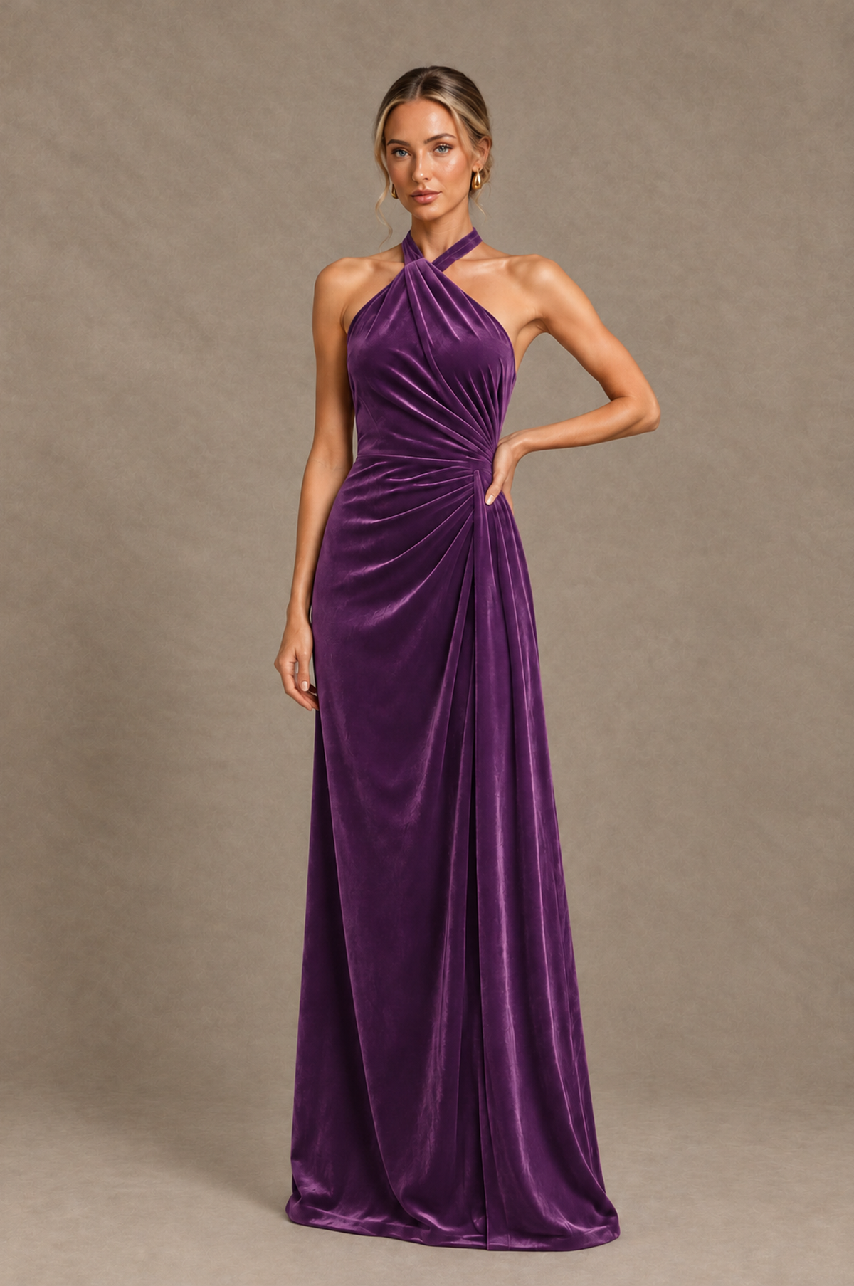 BOLODOO Purple Velvet Halter Open-Back Ruched Evening Dress - Purple - Purple_1