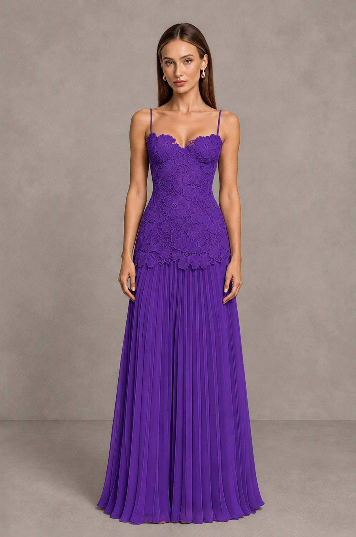 BOLODOO Purple Lace Bodice Pleated Wedding Guest Dress - Purple - Purple_1