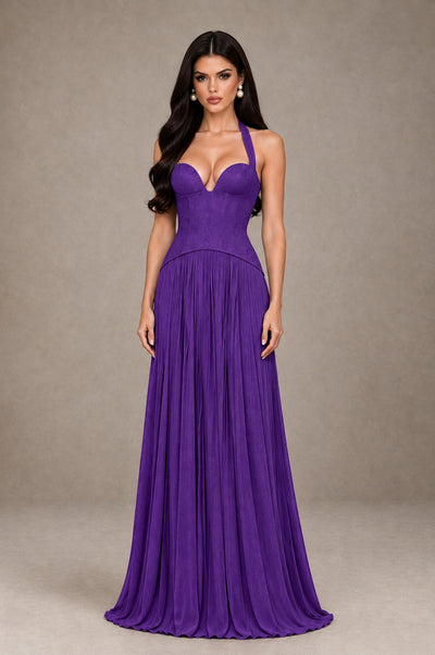BOLODOO Purple Halter Corset Pleated A-Line Evening Dress - Purple - Purple_1