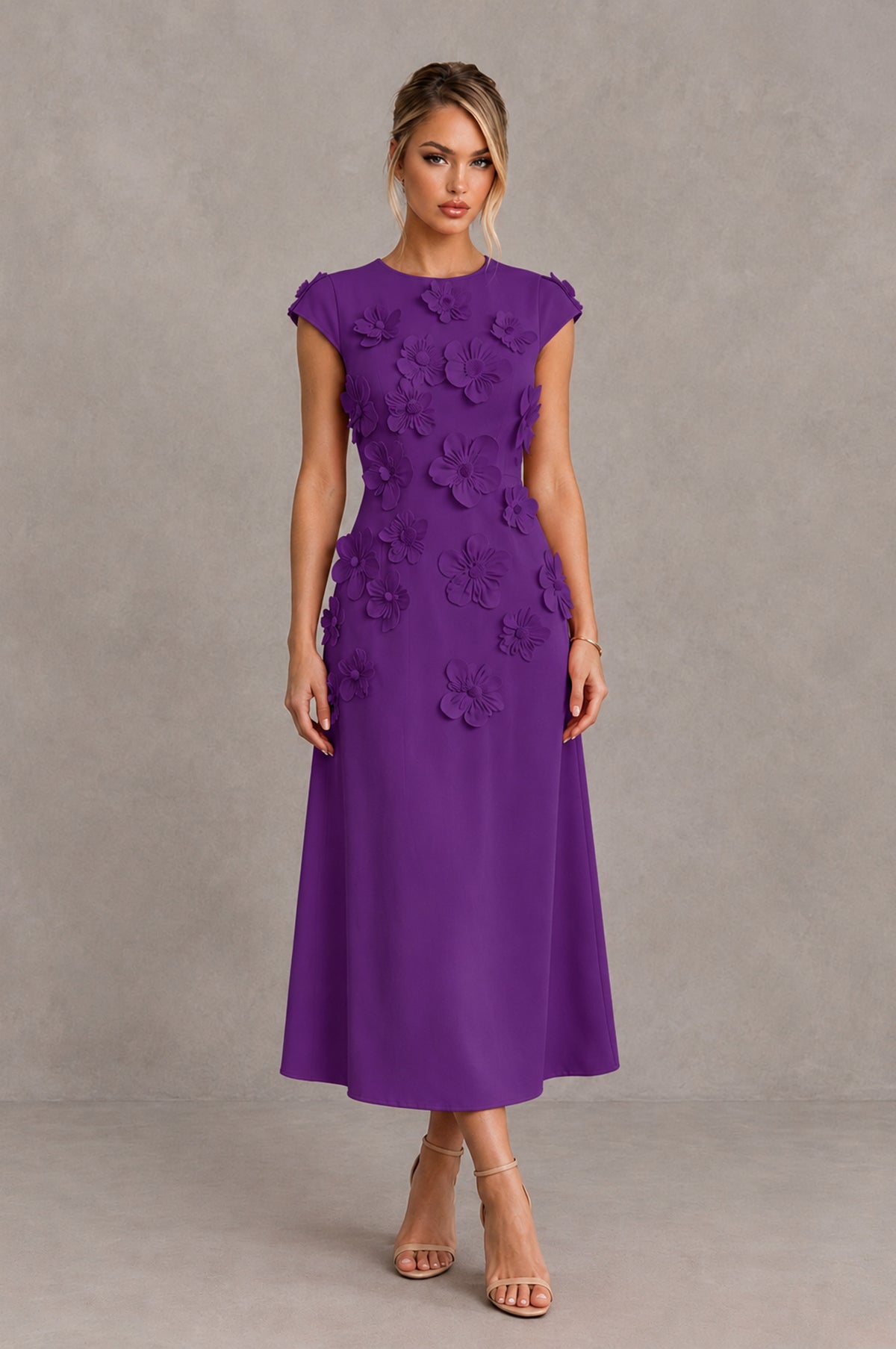 BOLODOO Purple 3D Floral Cap Sleeve Midi Cocktail Dress - Purple - Purple_1