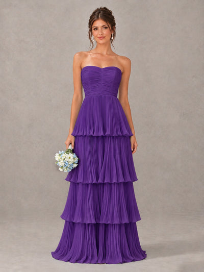 BOLODOO Purple Strapless Tiered Pleated Bridesmaid Dress - Purple - Purple_1