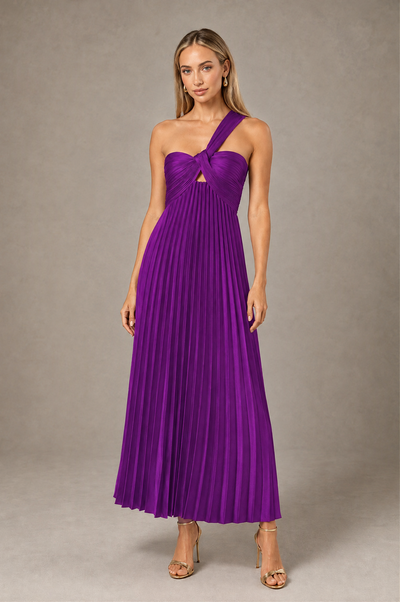 BOLODOO Purple One-Shoulder Twist Knot Pleated Satin Midi Dress with Cutout - Purple - Purple_1