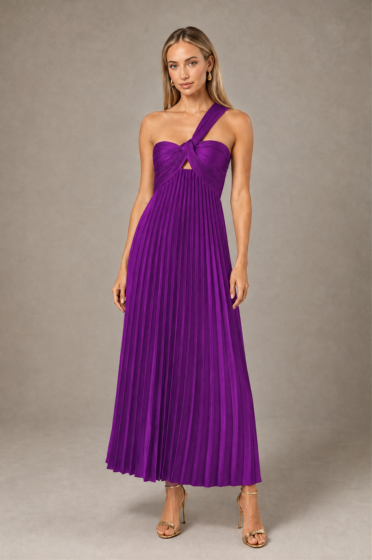 BOLODOO Purple One-Shoulder Twist Knot Pleated Satin Midi Dress with Cutout - Purple - Purple_1