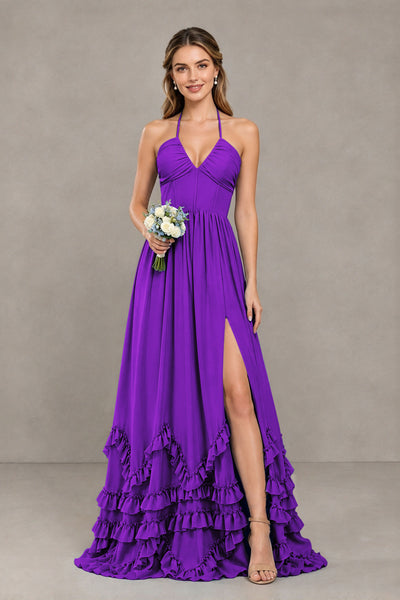 BOLODOO Purple Halter Ruffle Hem A-Line Bridesmaid Dress with High Slit - Purple - Purple(1)