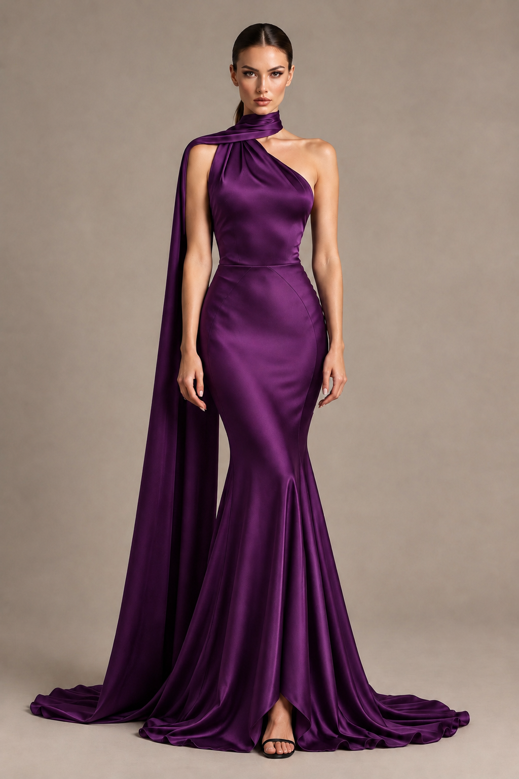 BOLODOO Purple One-Shoulder Satin Mermaid Evening Dress with Scarf - Purple - Purple_1