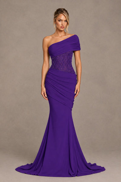 BOLODOO Purple One-Shoulder Sequin Embroidered Ruched Mermaid Gown with Train - Purple - Purple_1
