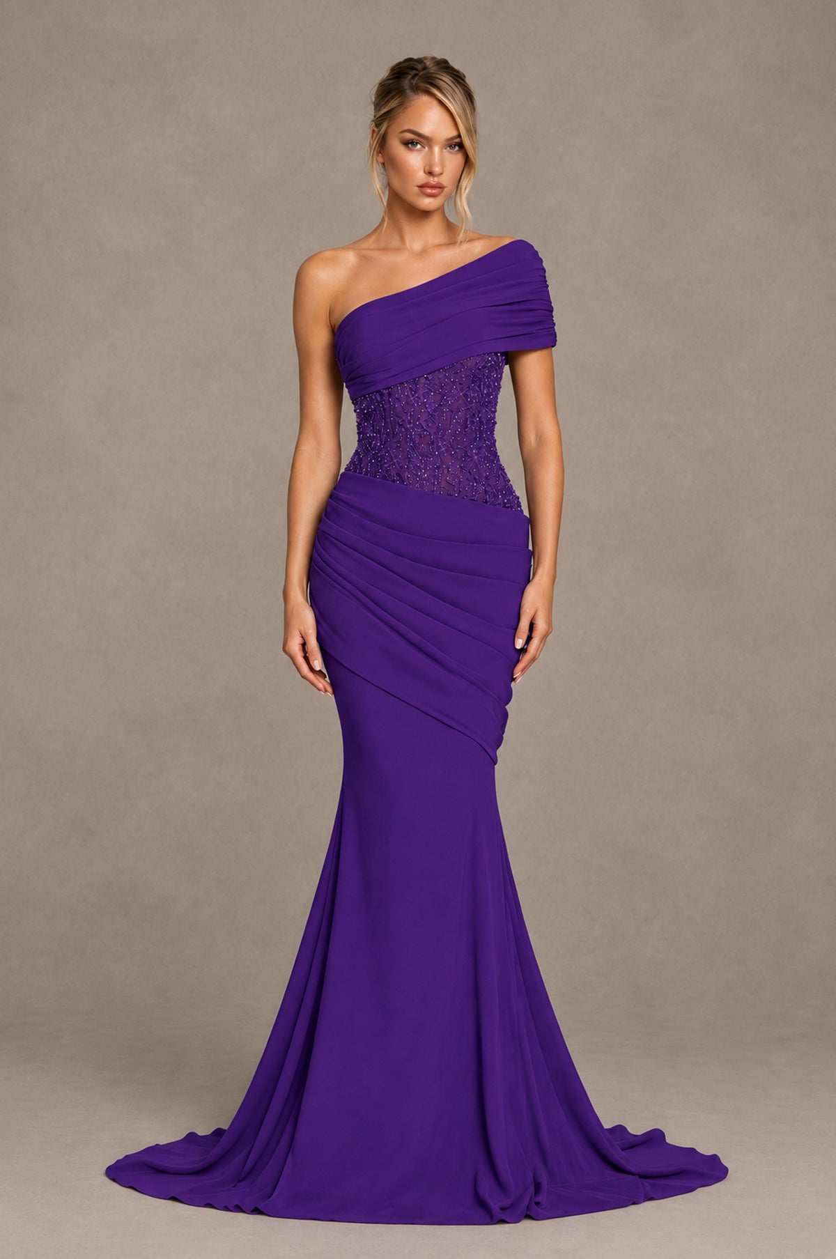 BOLODOO Purple One-Shoulder Sequin Embroidered Ruched Mermaid Gown with Train - Purple - Purple_1