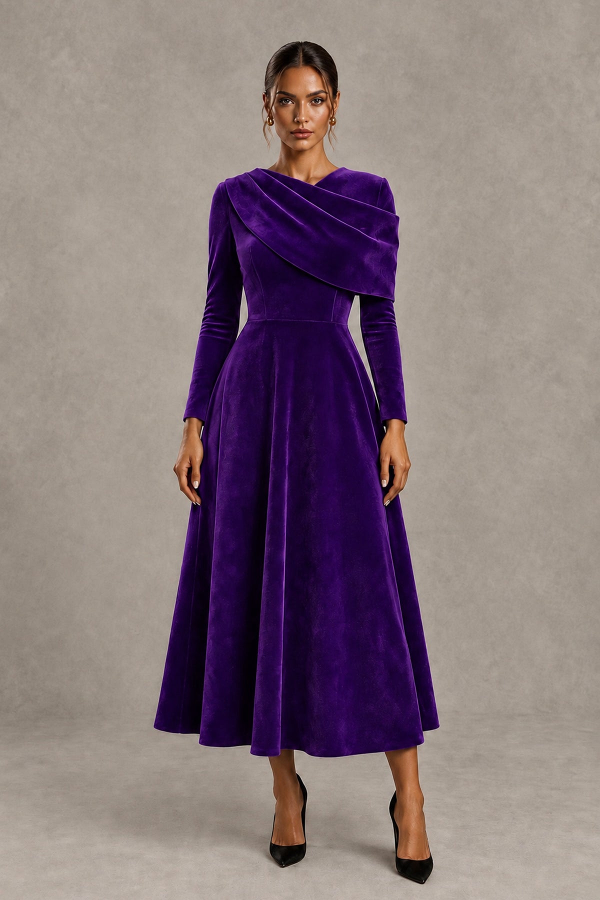 BOLODOO Purple Velvet-Look Long Sleeve Tea-Length A-Line Dress with Draped Neckline - Purple - Purple_1