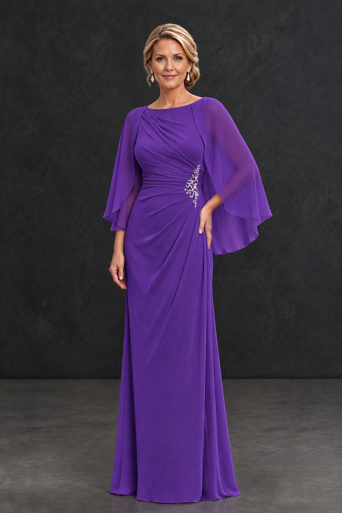 BOLODOO Purple Cape Sleeve Mother of the Bride Dress with Ruched Waist - Purple - Purple_1