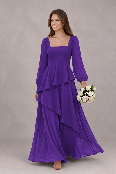 BOLODOO Purple Long Sleeve Ruffle Bridesmaid Dresses - Purple - Purple_1