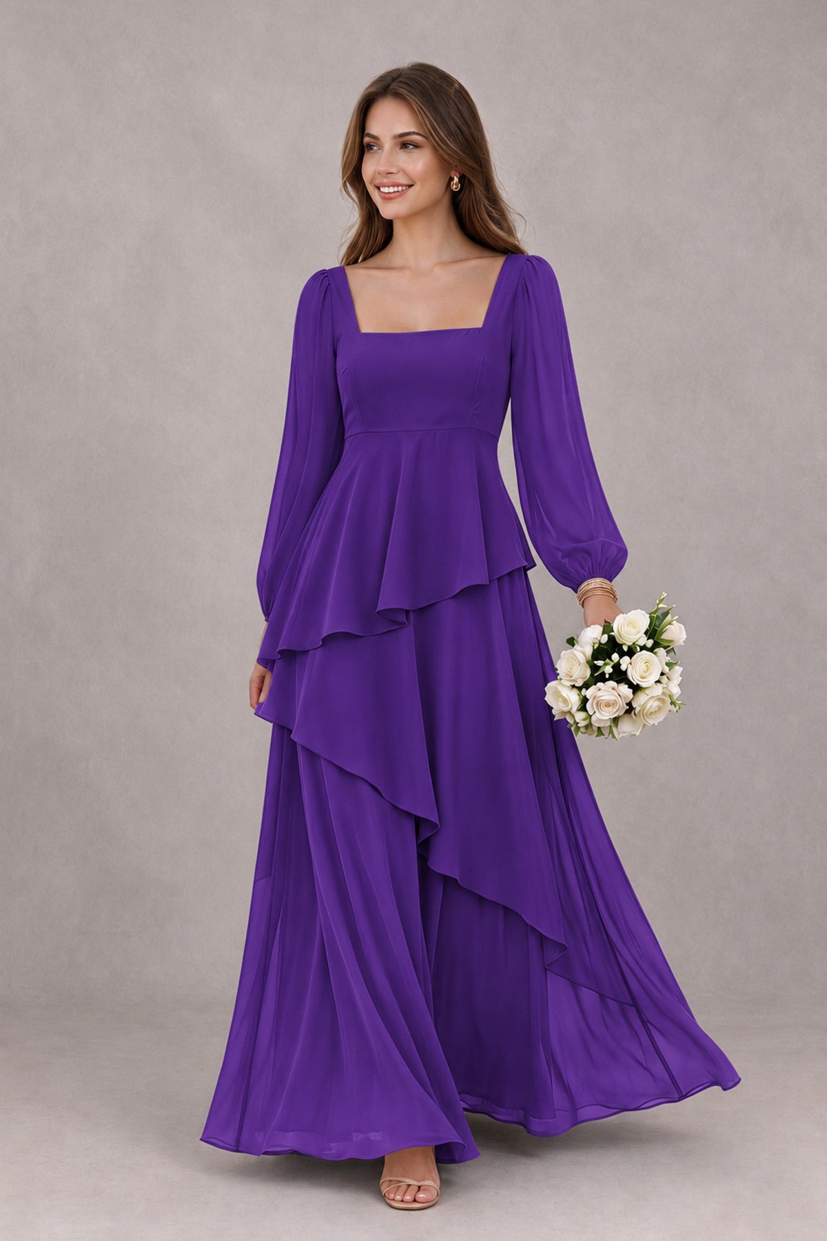 BOLODOO Purple Long Sleeve Ruffle Bridesmaid Dresses - Purple - Purple_1