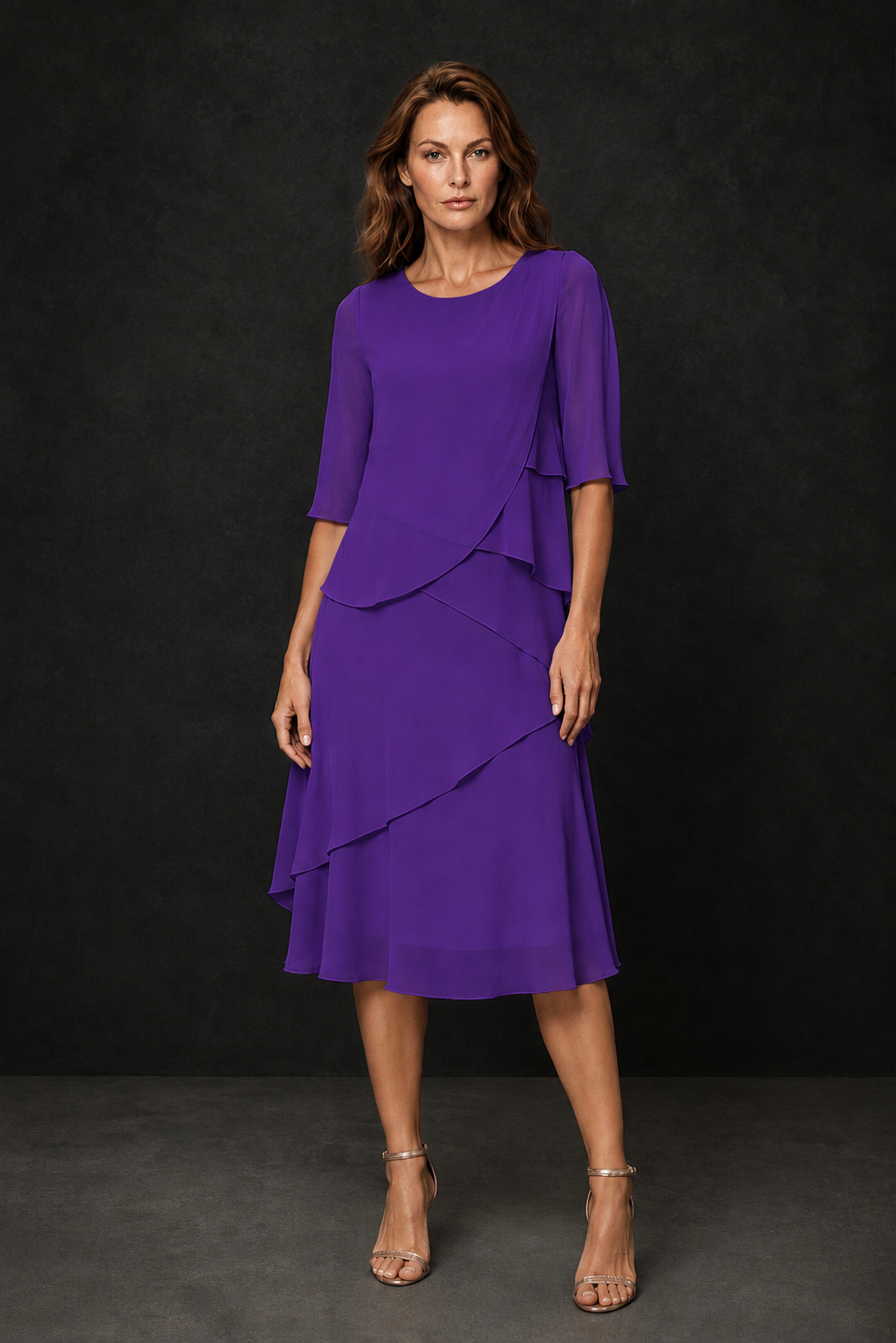 BOLODOO Purple Chiffon 3/4 Sleeve Asymmetric Tiered Tea Length Dress | Mother of the Bride Midi Dress - Purple