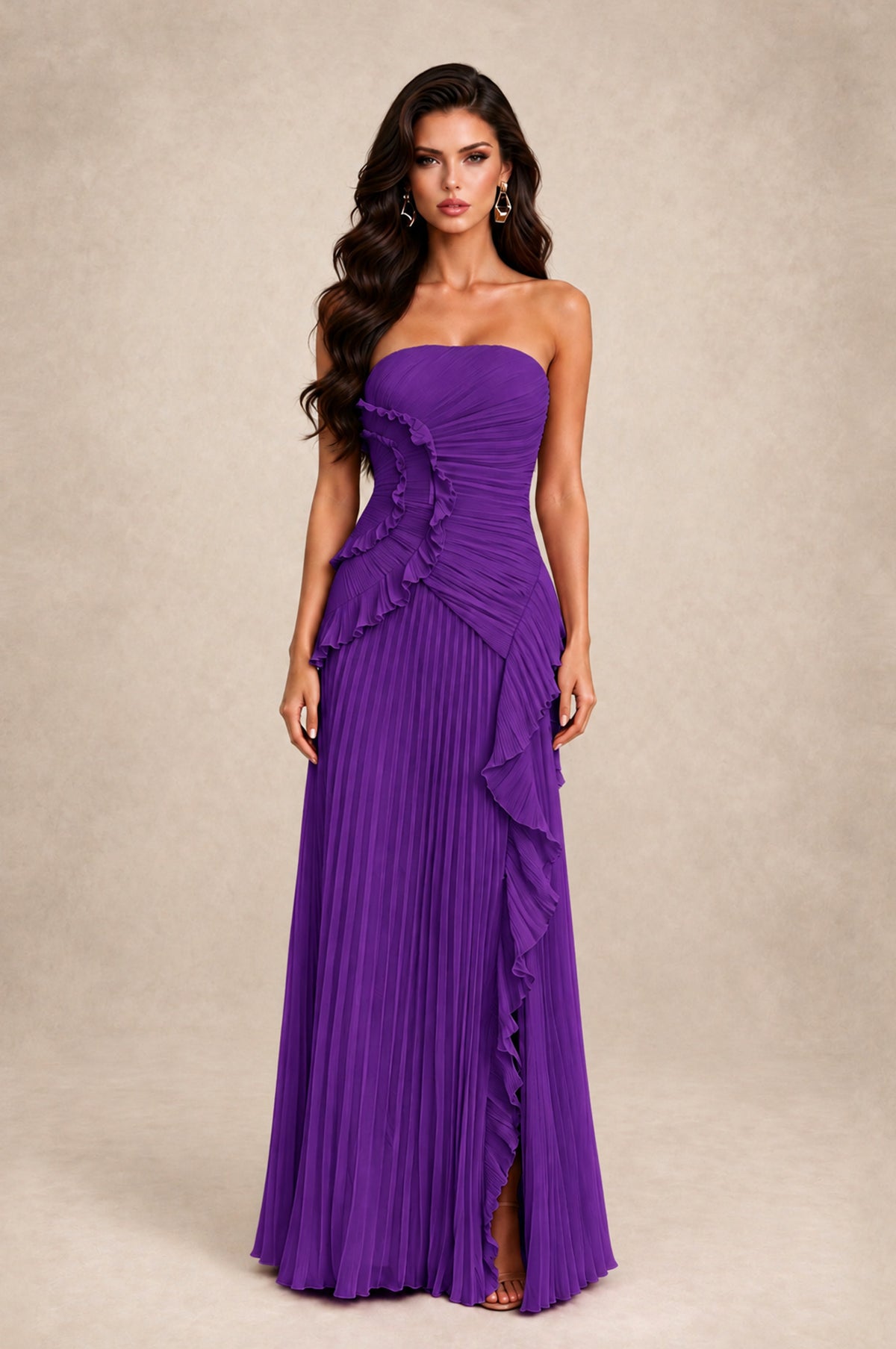 BOLODOO Purple Strapless Ruffle Pleated Slit Evening Gown - Purple - Purple_1
