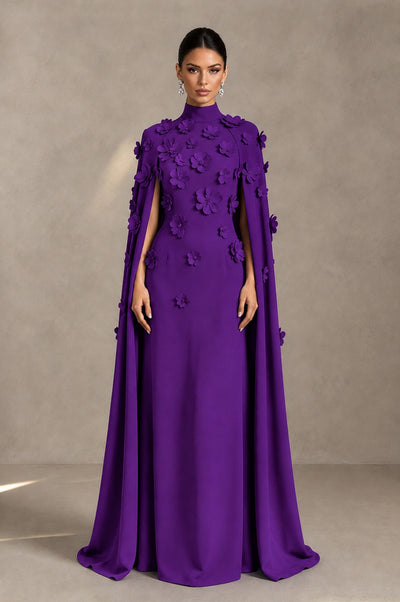 BOLODOO Purple 3D Floral Applique Cape Formal Dress - Purple - Purple_1