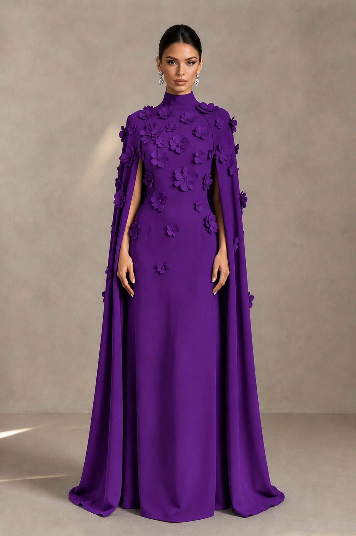 BOLODOO Purple 3D Floral Applique Cape Formal Dress - Purple - Purple_1