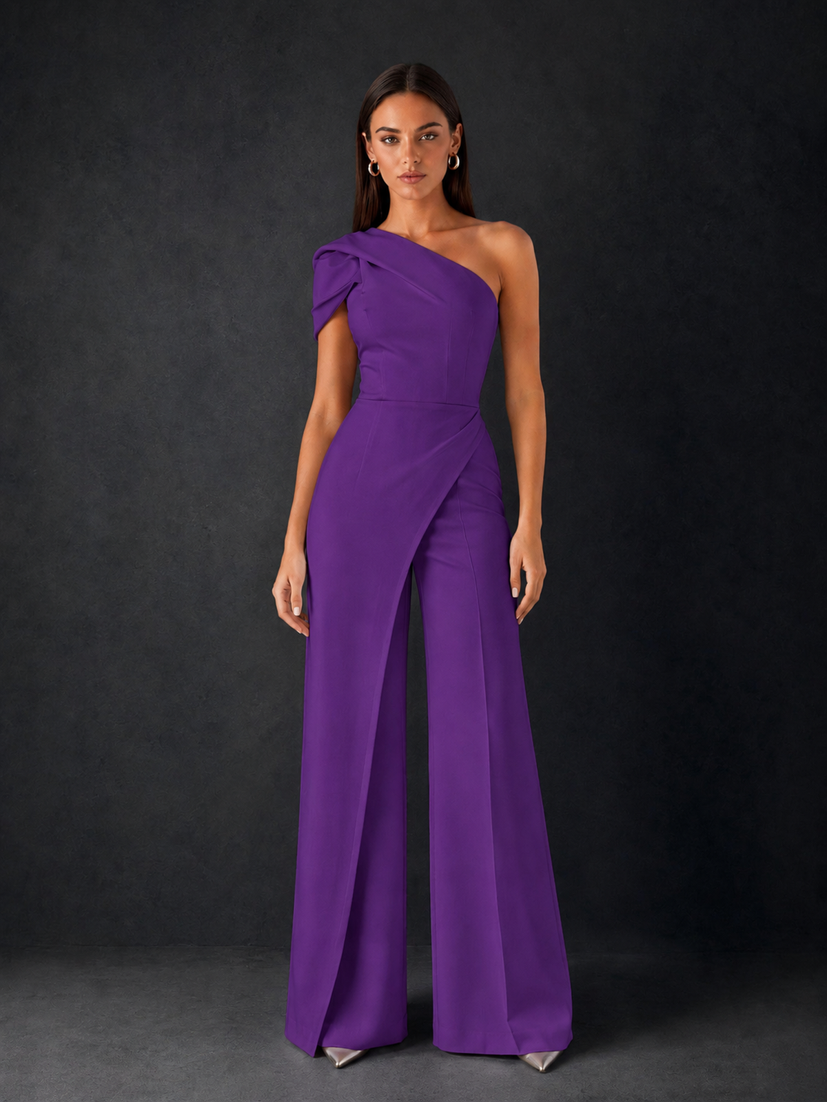 BOLODOO Purple One-Shoulder Puff Sleeve Wide-Leg Jumpsuit with Front Slit and Open Back - Purple