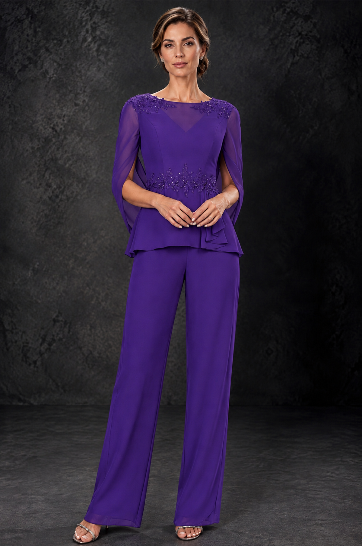 BOLODOO Purple Embellished Cape Sleeve Mother of the Bride Pantsuit - Purple - Purple_1