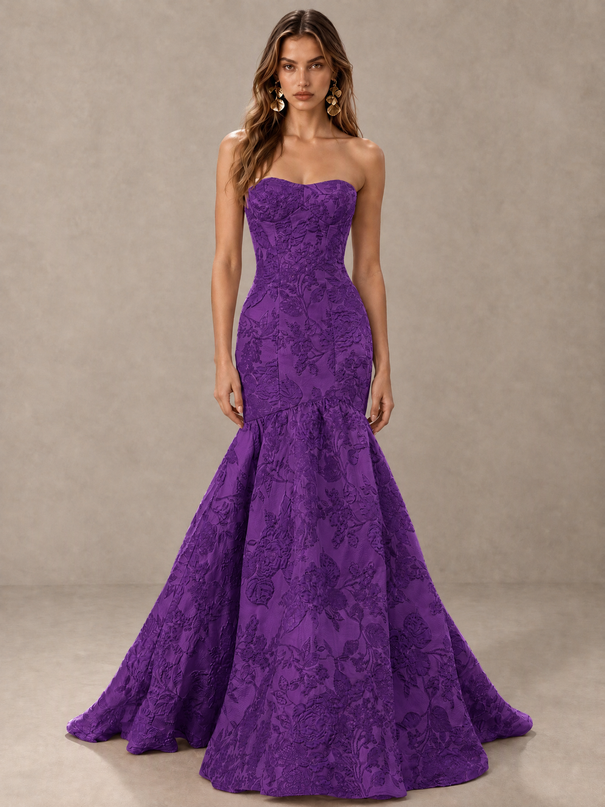 BOLODOO Purple Floral Strapless Mermaid Prom Dress with Train - Purple - Purple_1