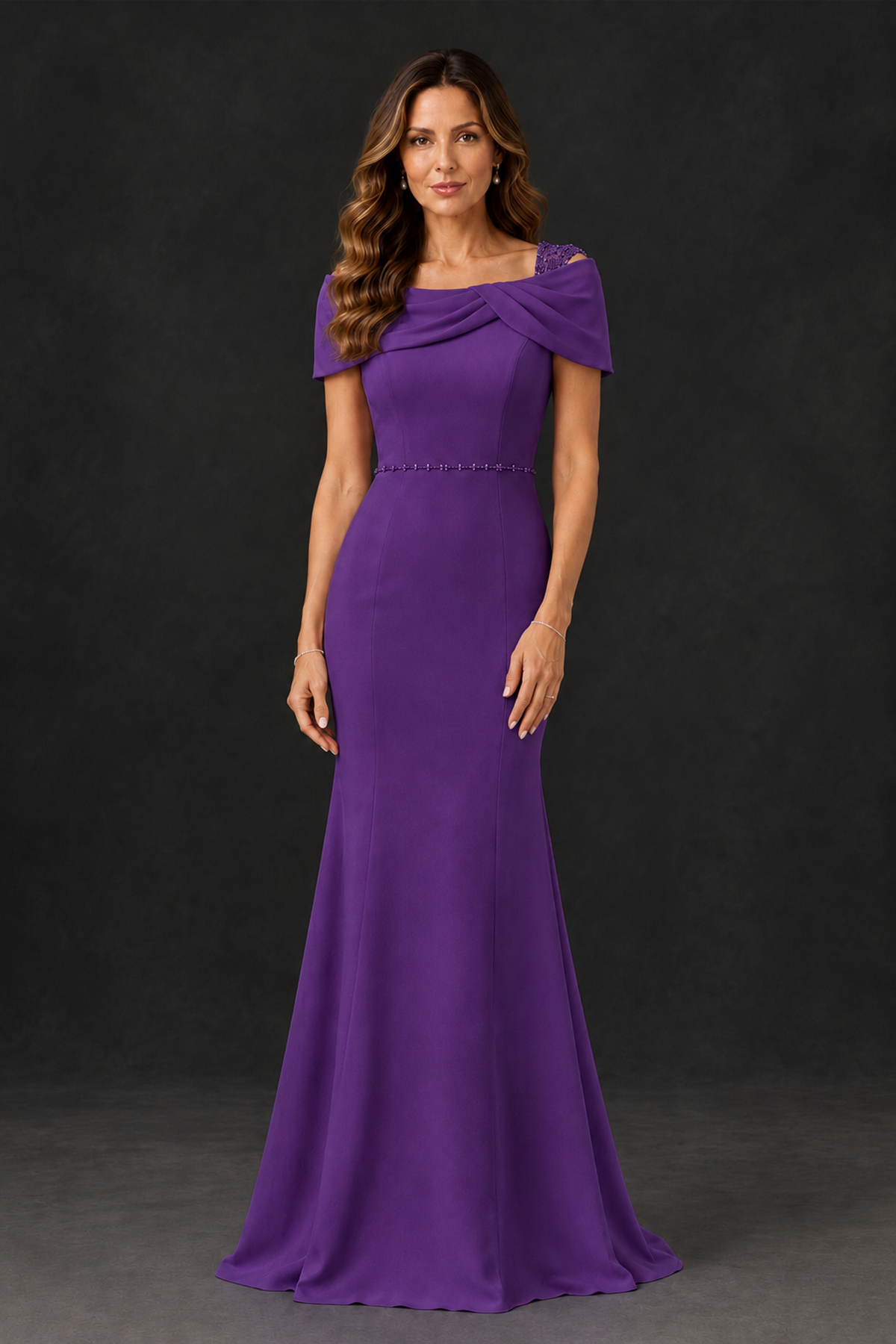 BOLODOO Purple Mother of the Bride Dress with Draped Cape Detail - Purple - Purple_1