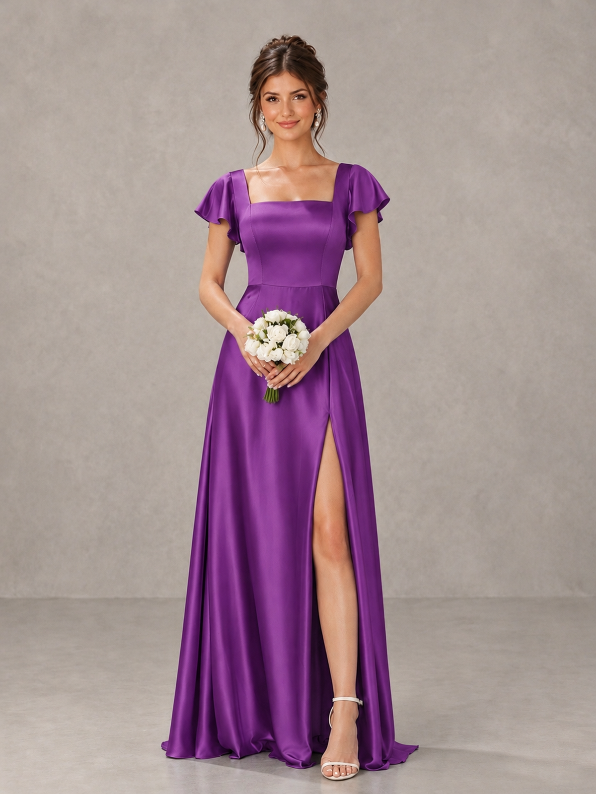 BOLODOO Purple Satin Square Neck Flutter Sleeve A-Line Bridesmaid Dress with Slit - Purple - Purple_1