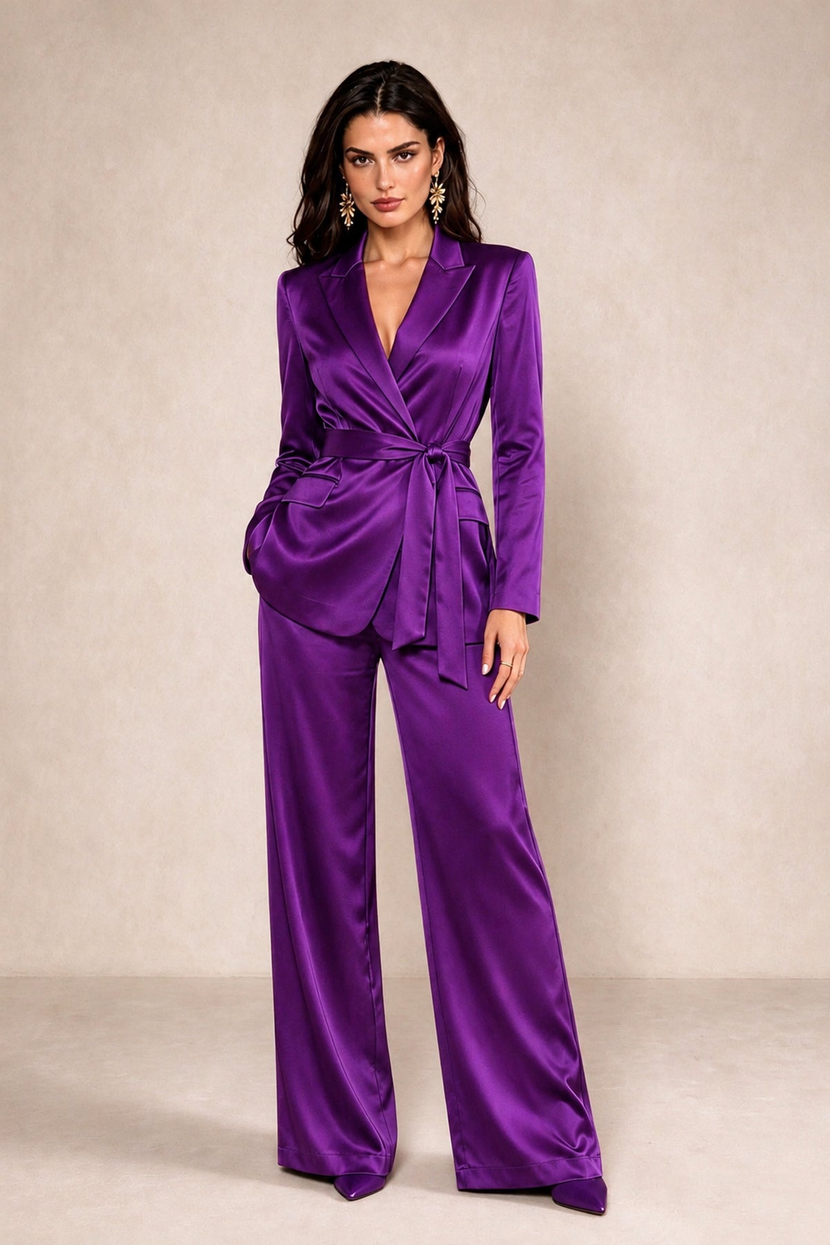 BOLODOO Purple Satin Wrap Blazer Wide-Leg Pants Two-Piece Suit Set – Evening Gala Wedding Guest - Purple - Purple_1