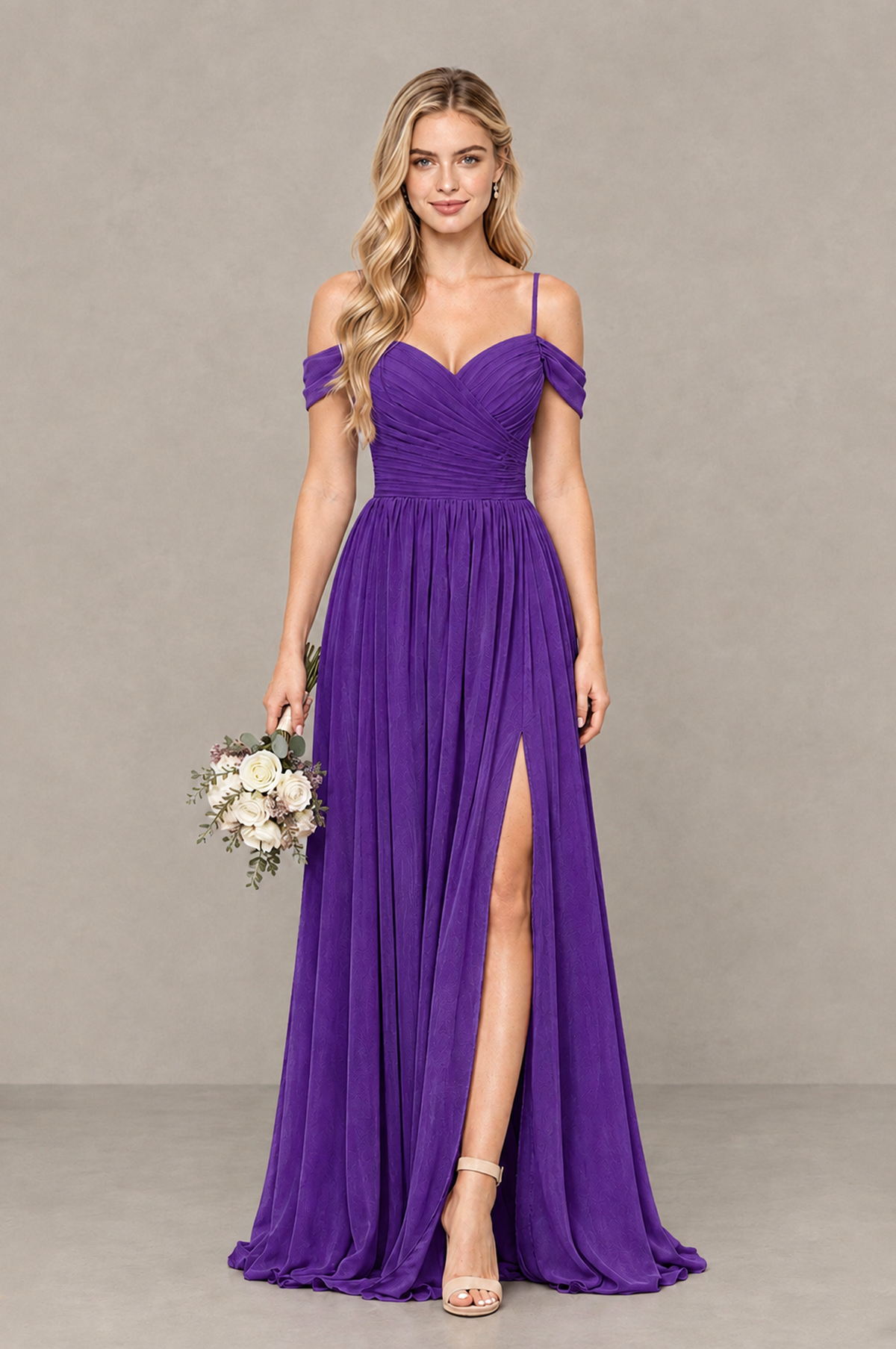 BOLODOO Purple Off-Shoulder Bridesmaid Dress with Slit - Purple