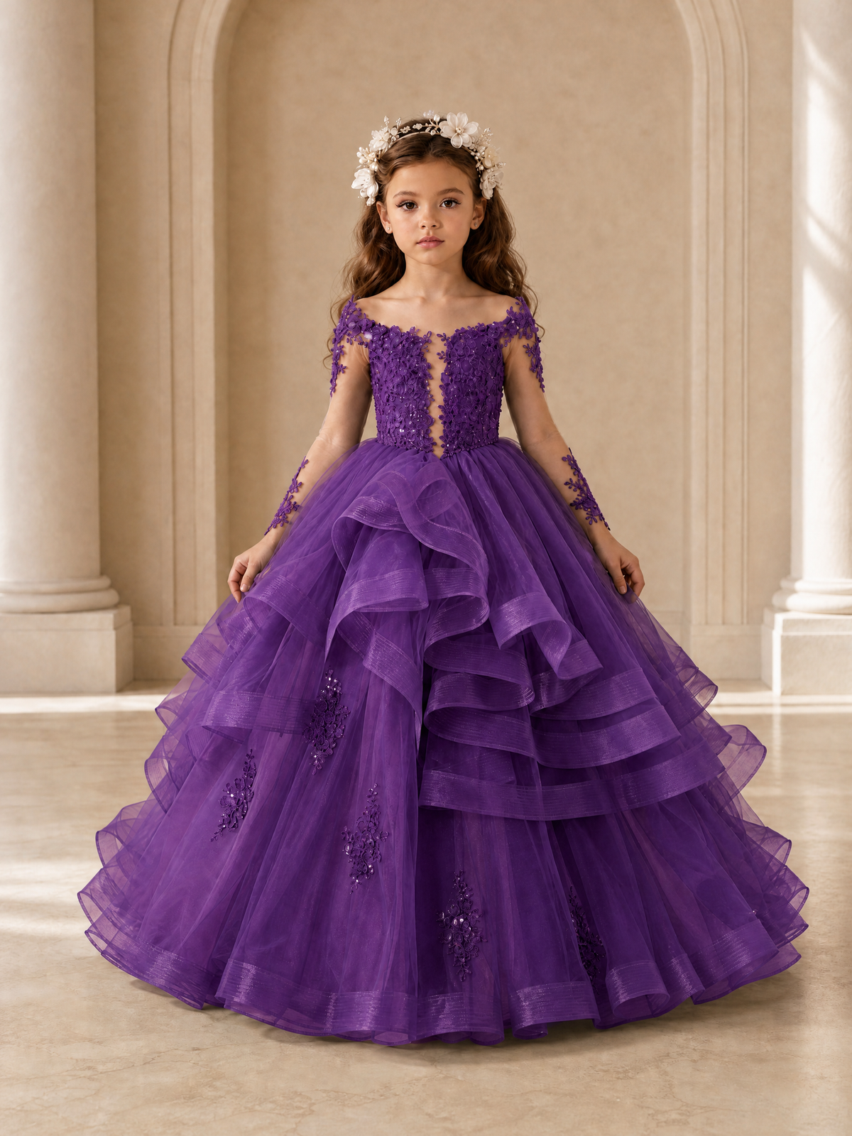BOLODOO Purple Lace Long Sleeve Tiered Flower Girl Dress - Purple - Purple_1