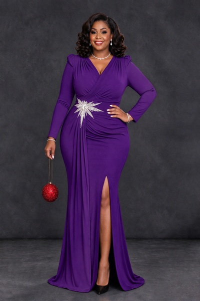 BOLODOO Purple Plus Size Long Sleeve V-Neck Mother of the Bride Dress with Slit - Purple - Purple_1