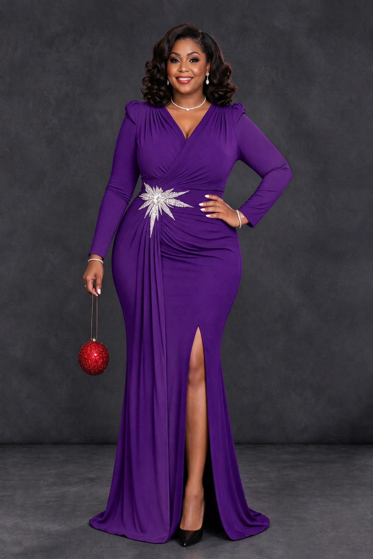 BOLODOO Purple Plus Size Long Sleeve V-Neck Mother of the Bride Dress with Slit - Purple - Purple_1