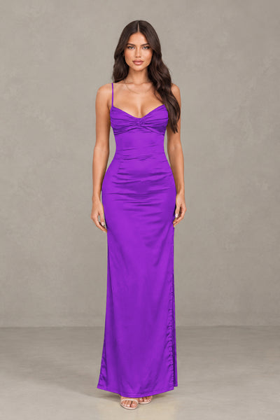 BOLODOO Purple Satin Cowl Neck Open Back Mermaid Maxi Dress with Side Slit - Purple