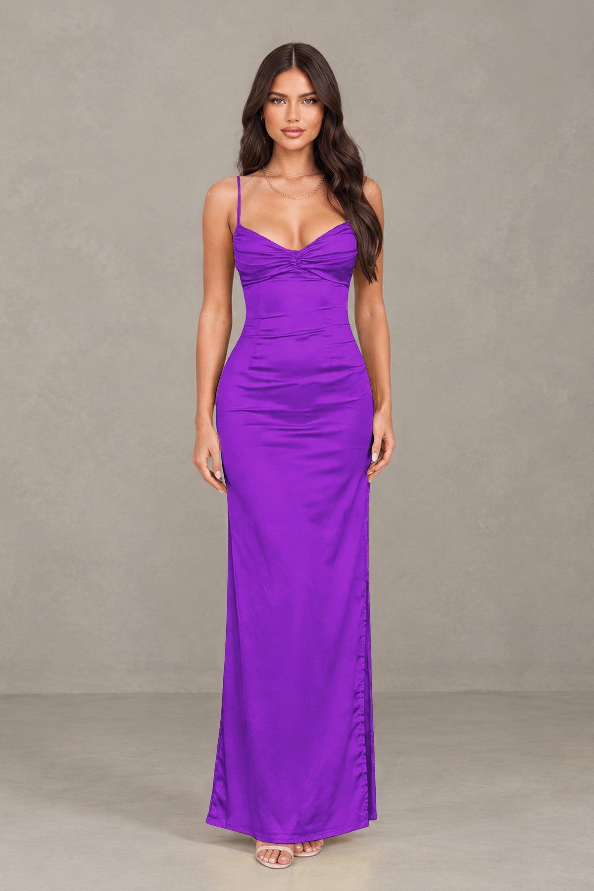 BOLODOO Purple Satin Cowl Neck Open Back Mermaid Maxi Dress with Side Slit - Purple