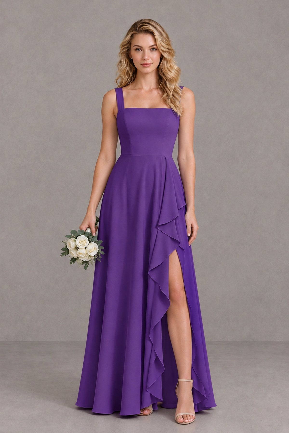 BOLODOO Purple Square Neck Ruffle A-Line Bridesmaid Dress with Slit - Purple - Purple_1