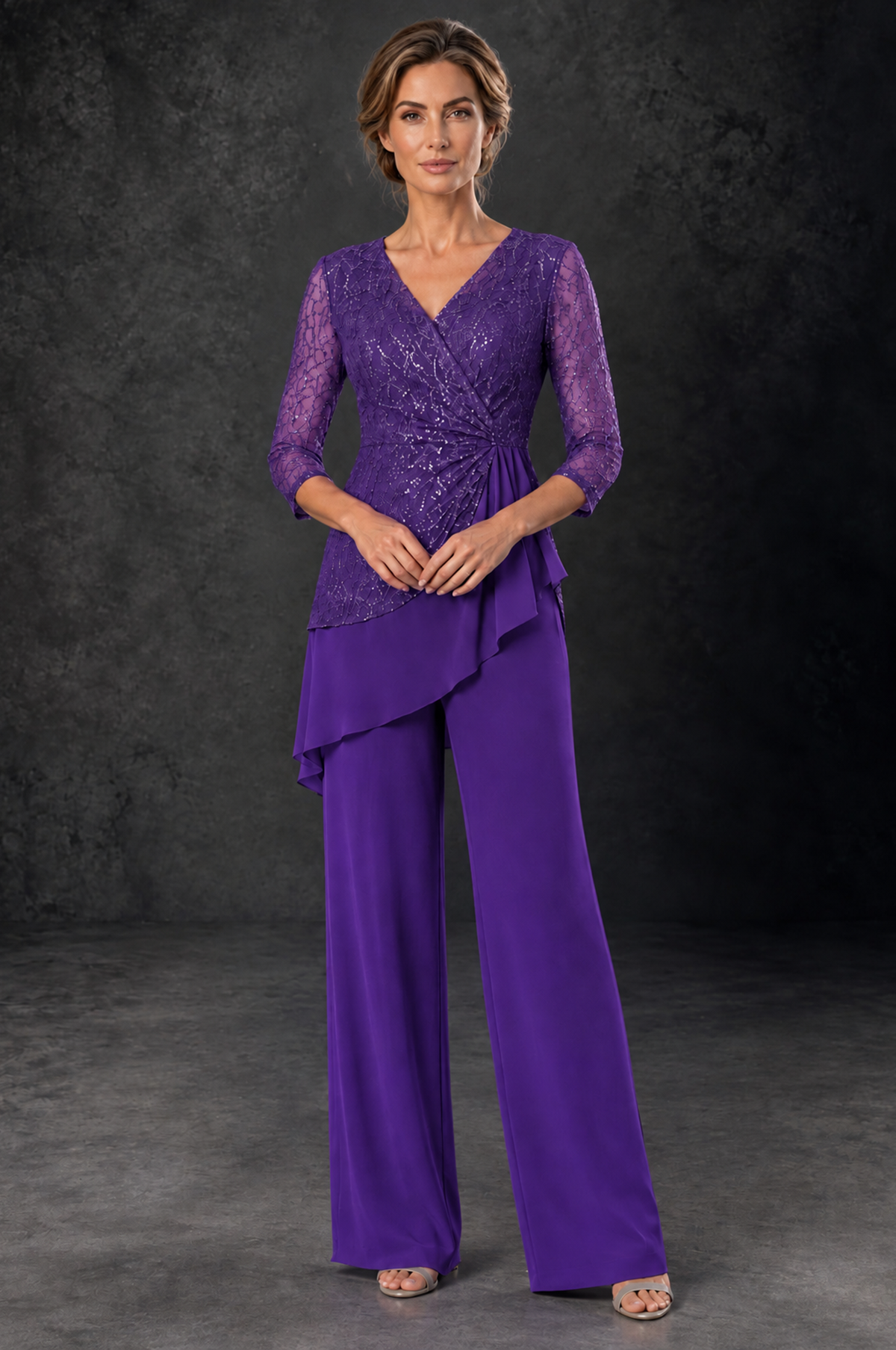 BOLODOO Purple Sequin Lace 3/4 Sleeve Chiffon Mother of the Bride Pant Suit - Purple - Purple_1