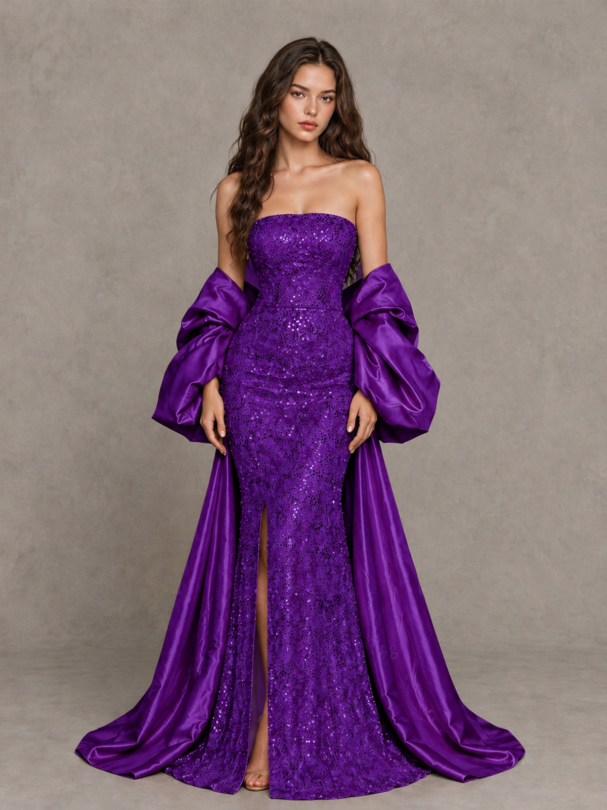 BOLODOO Purple Strapless Sparkle Mermaid Prom Dress with Front Slit and Draped Sleeves - Purple - Purple_1